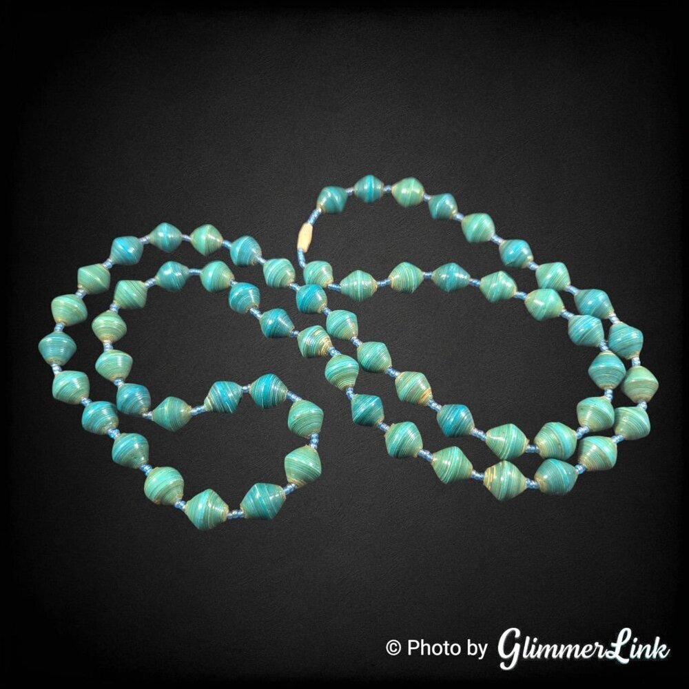 Vintage Blue Green Paper Bead Necklace Long Boho Beaded Strand